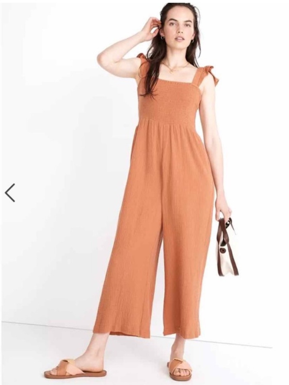 Madewell 100% Cotton Orange Rust Smocked Ruffle-Strap Wide-Leg Jumpsuit Size 4